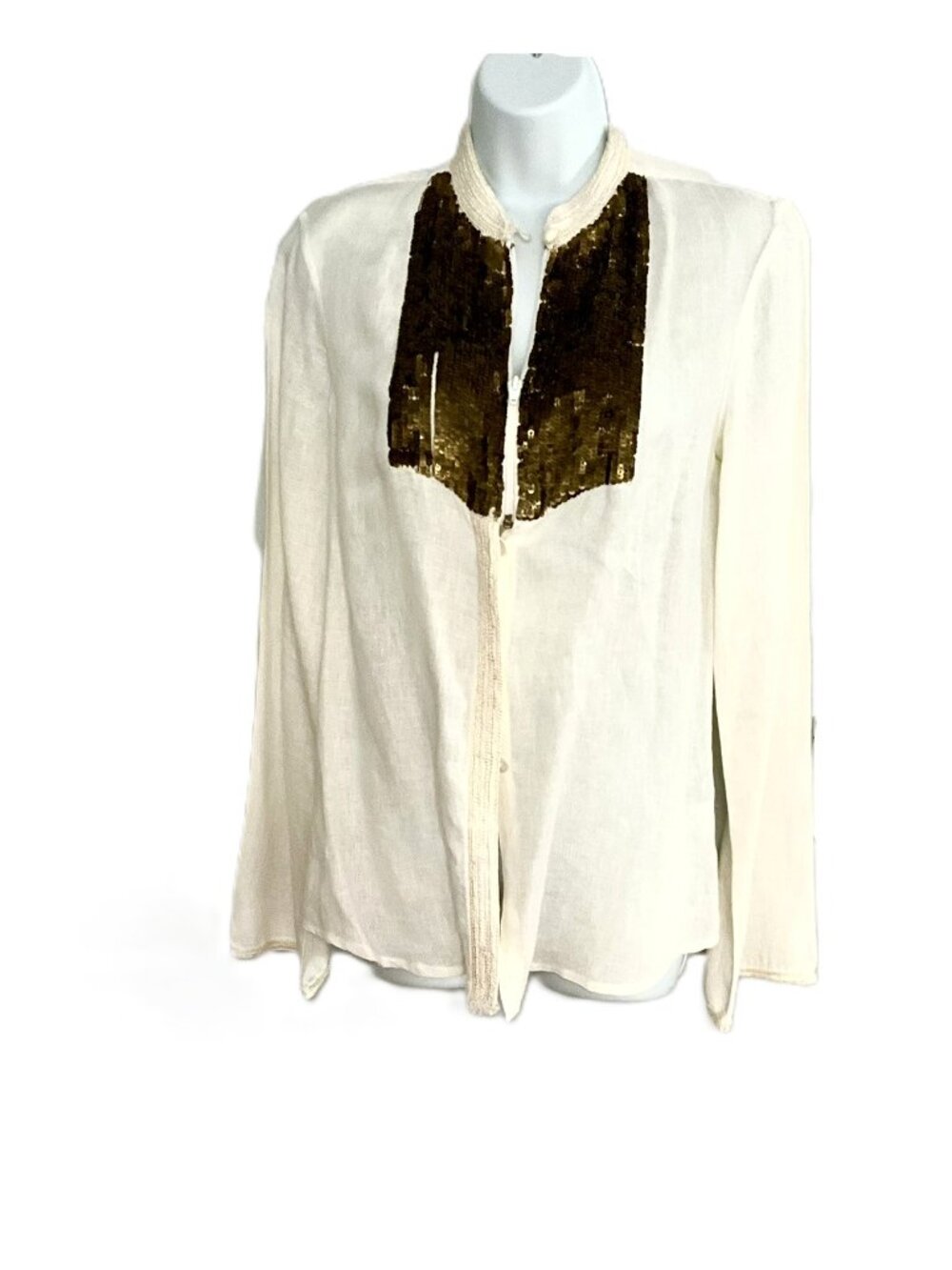 RA-RE Linen Shirt Sequin Front Zip Detail White Size 44